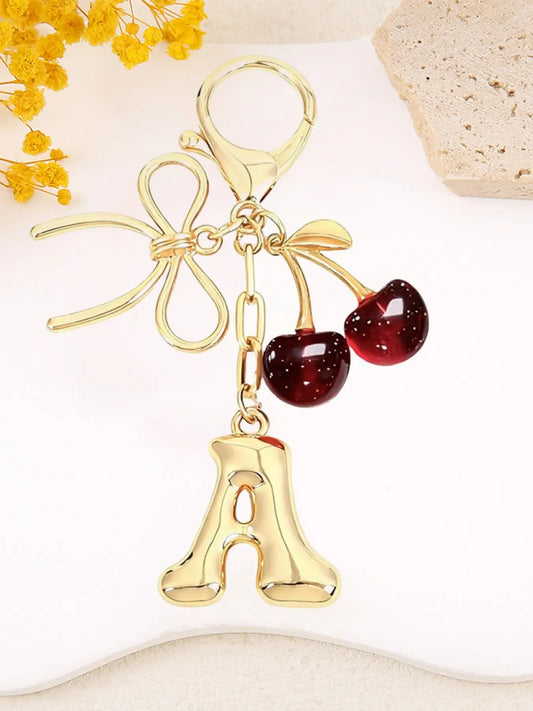 Women's Cherry Bow Letter Pendant Keychain, Cherry Design, Bow Accent, Casual Style Wallet, Handbag and Backpack Accessory, Keychain for Bags, Car Keychain for Students, Cherry Bow Keychains