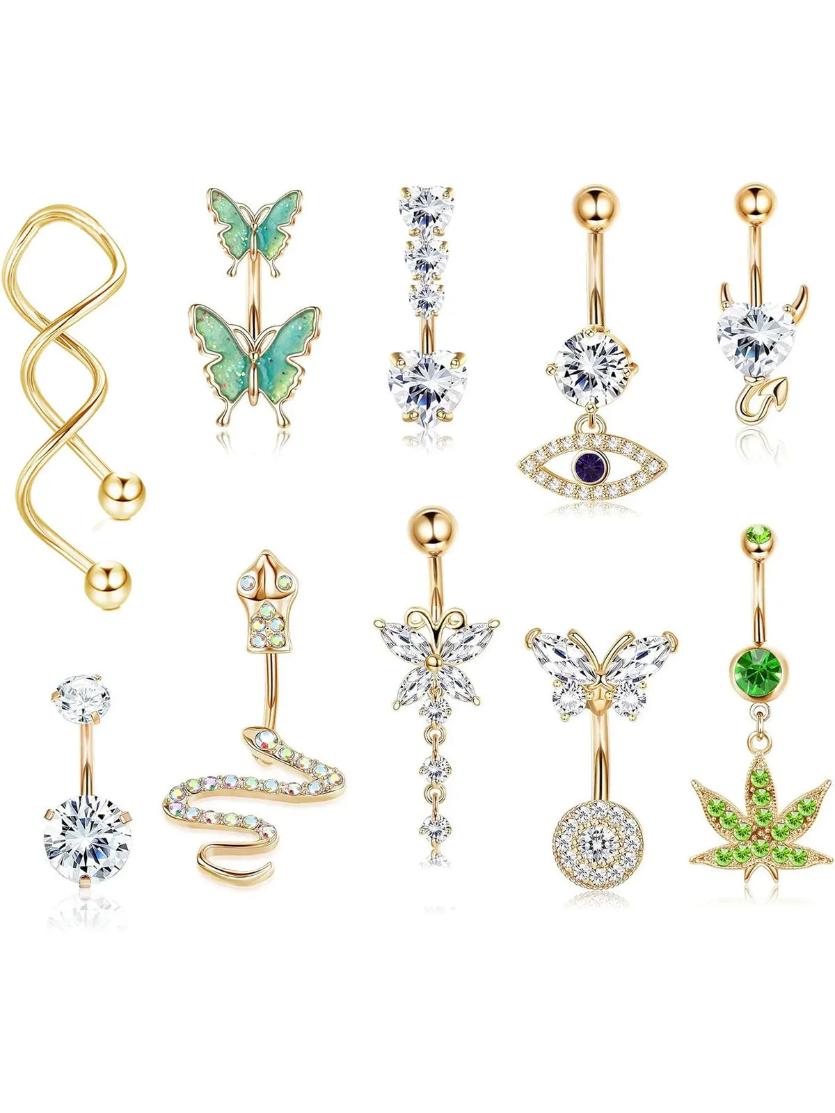Women's Rhinestone Decorated Charms Belly Piercing Chic Body Jewelry, Body Piercings Set, Belly Button Rings, New Summer 2024 Butterfly & Eye & Snake & Heart Navel Real Jewelry Sets for Women Girls, Body Jewellery