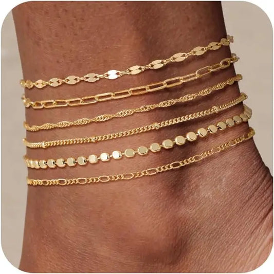 FREEKISS Waterproof Ankle Bracelets For Women 6PCS Thiny Herringbone Box Paperclip Bead Figaro Cuban Link Anklet Set Dainty Jewelry For Women Cute Summer Beach Jewelry Chains Beaded anklet Layers Textured