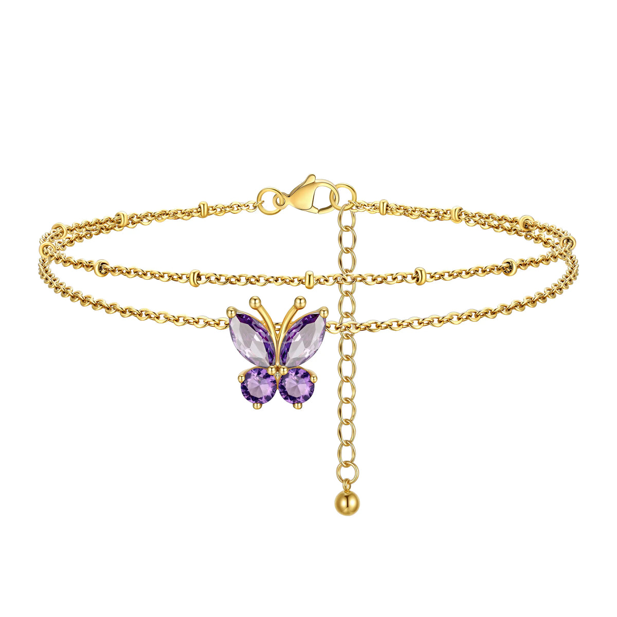 FindChic Women's Trendy Fashionable Accessories 2-Layered Non-Tarnish Tarnish-Proof Butterfly Birthstone Anklet, Zircon-Inlaid Cubic Zirconia Bling Jewellery for Adults, Summer Beach Daily Gift Ankle Bracelet