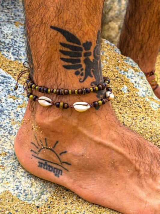 Boho Ethnic Shell Wood Bead Coconut Shell Beaded Anklet, Adjustable Woven Beach Vacation Bracelet, Men's Fashion Jewelry