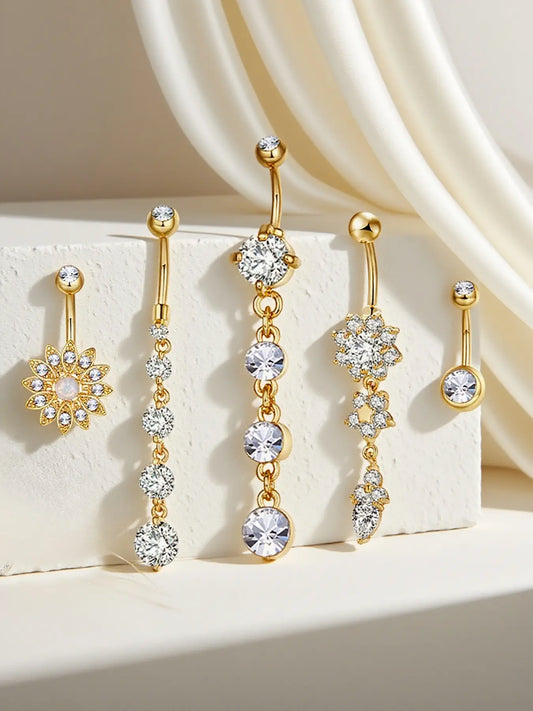 Women's Belly Button Rings Set, Navel Ring, Artificial Zircon Flower Design, Fashion Jewelry for Party & Vacation Wear, Body Piercing Accessories, High Quality Jewelry, Body Jewellery