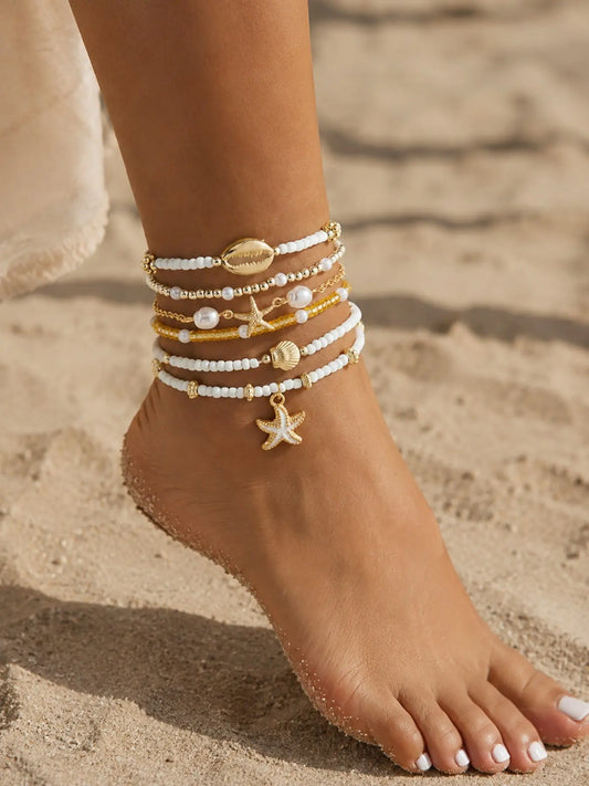 6 Pcs Bohemian Beach Style Enamel Starfish Rice Bead Anklets, Multi-layered Shell Beaded Jewelry Anklets for Casual and Vacation Wear, Boho Anklet