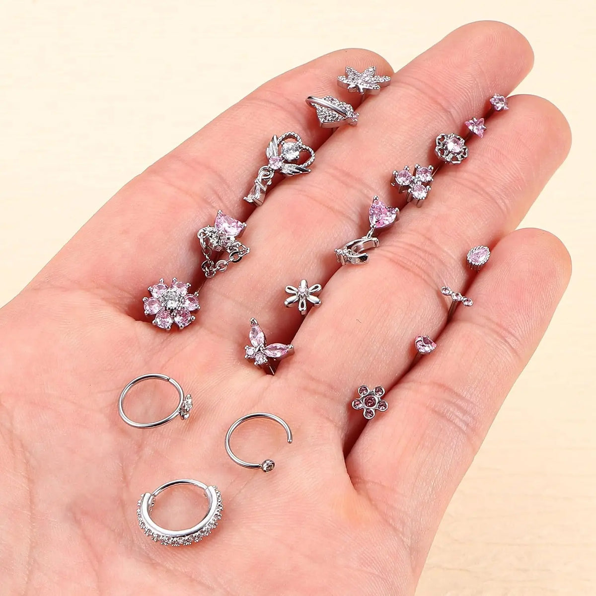 Women's 19-Pcs 20G (0.8mm) L-Shaped Hypoallergenic Nickel-Free Stainless Steel Nose Piercing Studs Set - Cubic Zirconia Butterfly, Heart, Flower Designs, Non-Tarnish Nose Ring Jewelry