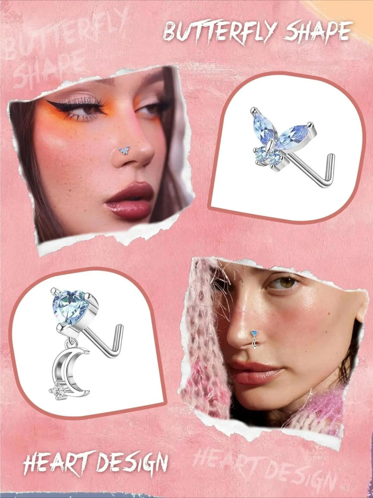 12 PCS 20G Nose Rings Stainless Steel, S/L Shaped Nose Studs for Women Men, CZ Heart Butterfly Flower Leaf Moon Dangle Cute Nose Piercings Studs Screw Jewelry Pink/Purple/Blue/Clear