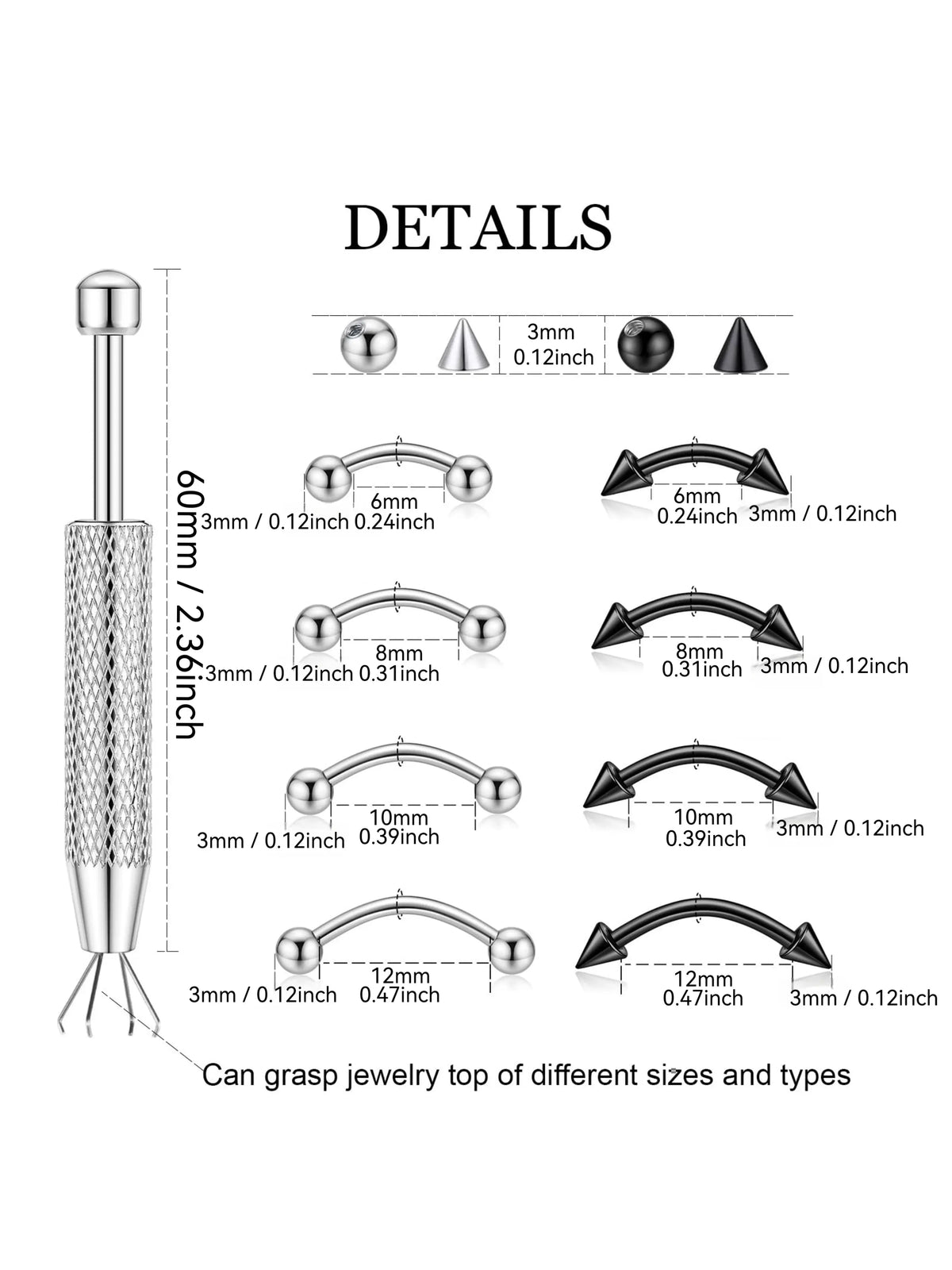 16PCS Eyebrow Piercing Jewelry With Replacement Balls and Spike, Curved Barbell Piercing Jewelry, Chic Body Jewelry, Body Piercings, Vertical Labret Lip Jewelry, Rook Piercing for Women Men