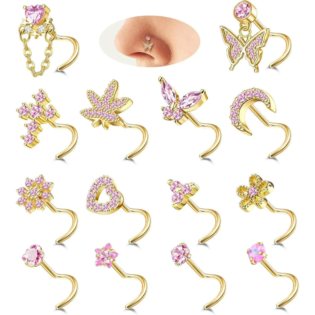 Women's 19-Pcs 20G (0.8mm) L-Shaped Hypoallergenic Nickel-Free Stainless Steel Nose Piercing Studs Set - Cubic Zirconia Butterfly, Heart, Flower Designs, Non-Tarnish Nose Ring Jewelry