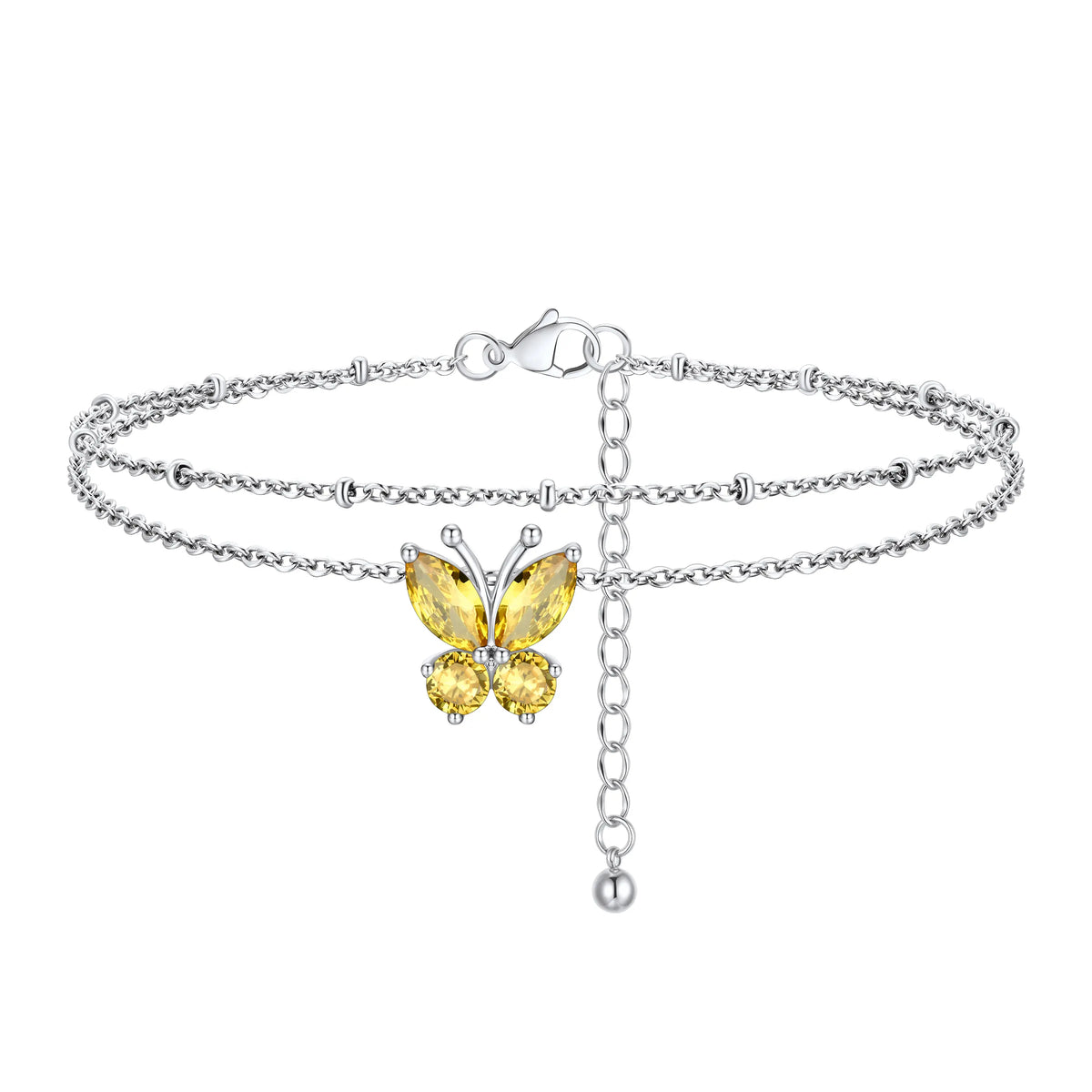 FindChic Women's Trendy Fashionable Accessories 2-Layered Non-Tarnish Tarnish-Proof Butterfly Birthstone Anklet, Zircon-Inlaid Cubic Zirconia Bling Jewellery for Adults, Summer Beach Daily Gift Ankle Bracelet