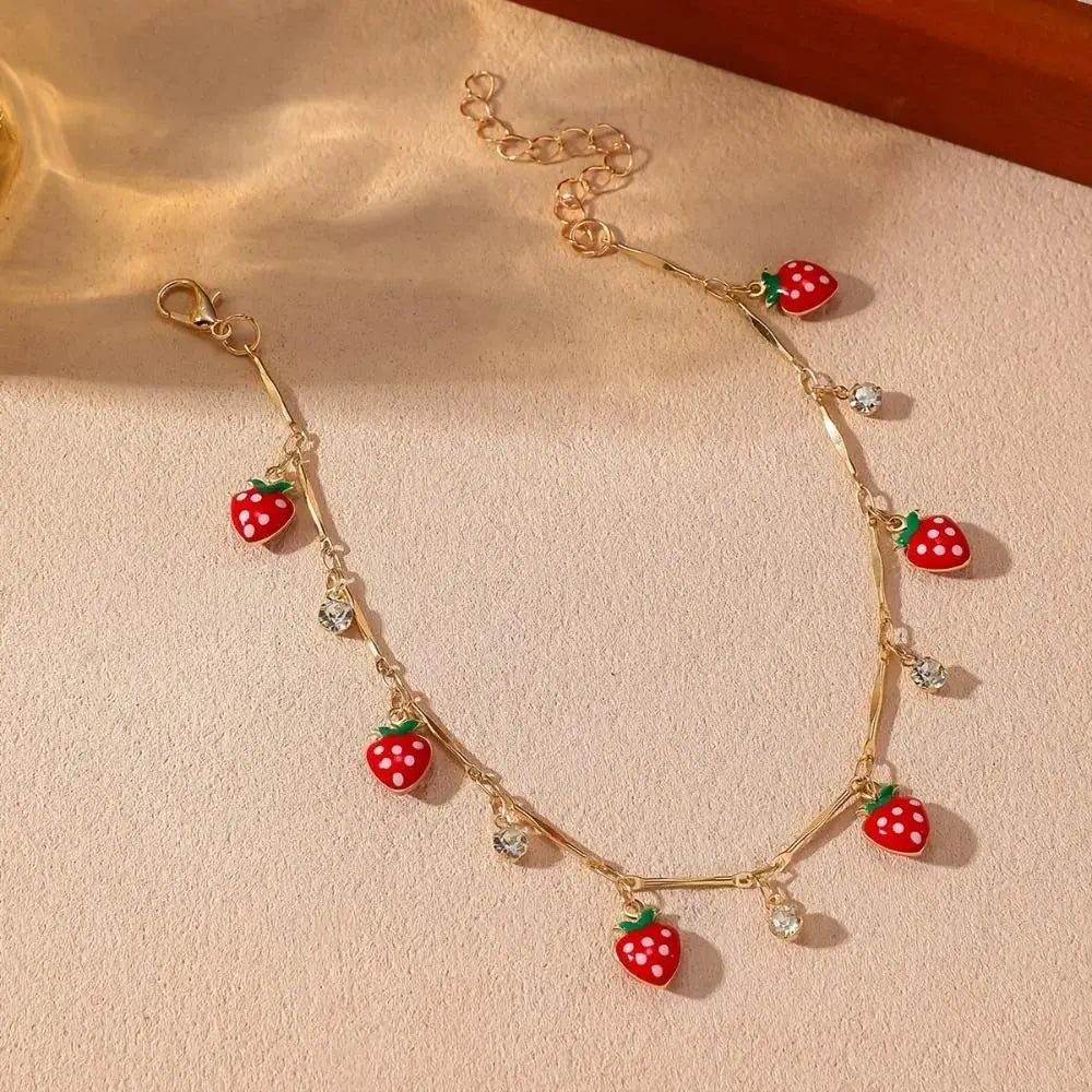 Women's Stainless Steel Bohemian Minimalist Chain Jewelry Anklet - Non-Customized Synthetic Strawberry Red Drip-Glaze Glass Pendant, Geometric Alloy Chain with Metal Coating, Casual Beach Vacation Gift