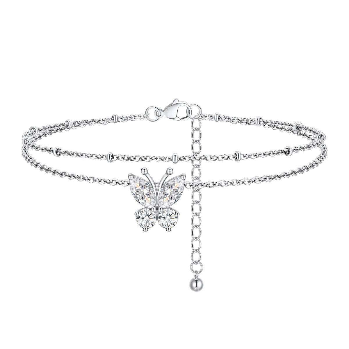 FindChic Women's Trendy Fashionable Accessories 2-Layered Non-Tarnish Tarnish-Proof Butterfly Birthstone Anklet, Zircon-Inlaid Cubic Zirconia Bling Jewellery for Adults, Summer Beach Daily Gift Ankle Bracelet